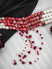 abordables Accesorios de Halloween-Conjunto de joyas de Halloween con gotas de sangre para mujer: gargantilla, pulsera y pendientes de perlas y cuentas rojas para fiestas de disfraces y eventos espeluznantes.