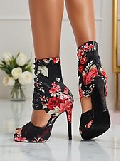 abordables Bottines de danse-Bottes de danse florales pour femmes - Chaussures de danse latine professionnelles à talons hauts et bout ouvert en satin avec imprimé rose élégant, idéales pour la salsa, le tango et les spectacles