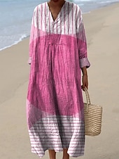 cheap Print Floral Dresses-Women&#039;s Midi Dress Casual Dress Print Dress Fashion Modern Daily Beach Weekend Regular Fit Striped Long Sleeve V Neck Black Yellow Pink Green Spring Fall
