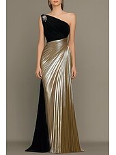 baratos Vestidos de Noite-Vestido de noite elegante com coluna em ouro preto, vestido formal para convidados de casamento, comprimento até o chão, sem mangas, um ombro só, vestido de mãe da noiva em cetim com pregas de strass
