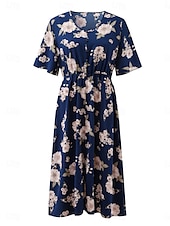 ieftine Rochii-Pentru femei Mărime Plus Rochie casual Floral În V Manșon scurt Vară Primăvară Elegant Modă Modern Casual Rochii Midi Zilnic Concediu Rochie