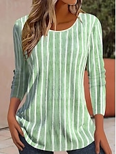 billige Stripe og geometrisk t-skjorte-Påske Dame T skjorte Grafisk Stripet Planter Årgang Stilfull Klassisk Langermet Crew-hals Rund hals Vanlige topper Daglig Trykt mønster Gul Rosa Blå Grønn Kakifarget Sommer Vår Høst