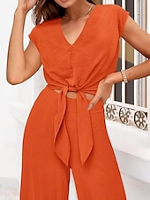 Mulheres Moda Roupa de rua Diário Conjuntos de calças Manga Curta Decote V Côr Sólida Cordões Casual Diário Preto Azul Marinho Escuro Azul Marinha Verão Normal baratos Blusas femininas-Mulheres Moda Roupa de rua Diário Conjuntos de calças Manga Curta Decote V Côr Sólida Cordões Casual Diário Preto Azul Marinho Escuro Azul Marinha Verão Normal