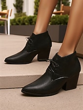 baratos Botas de tornozelo-Botas femininas retrô de cano curto com cadarço e bico fino - botas curtas de salto bloco em couro sintético para o outono, estilo urbano &amp;roupas do dia a dia