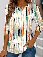ieftine Tricou cu dungi și geometric-Pentru femei Tricou Grafic Geometric Dungi Epocă Modă Stilat Manșon Lung Stil Nautic Topuri obișnuite Zilnic Imprimeu Alb Albastru piscină Mov Portocaliu Maro Vară Primăvară Toamnă