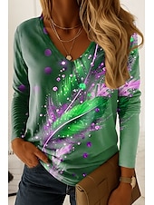 abordables T-shirt Art &amp; Design-Femmes T-shirt Graphique Plume ancien Élégant Occasionnel manche longue Col en V Hauts Réguliers Quotidien Imprimé Bleu Violet Vert Printemps Automne