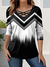 billige Stripe og geometrisk t-skjorte-Dame T skjorte Grafisk Geometrisk Gradert Årgang Stilfull Moderne Langermet V-hals Vanlige topper Daglig Sport Ut på byen Utskjæring Trykt mønster Grå og Hvit Svart Blå Grønn Vår Høst