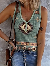 billige Boho tank topp-Dame Camisole Tank Top Grafisk Geometrisk Årgang Stilfull Etnisk Ermeløs V-hals Vanlige topper Daglig Trykt mønster Salvie Grøn Lysebrun Oransje Grønn Kakifarget Sommer Vår