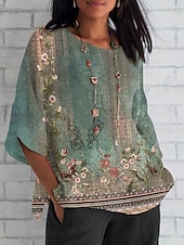 abordables Tops Boho pour Femmes-Femmes Chemise Fleuri Quotidien Occasionnel Manche 3/4 Col ras du cou Hauts Réguliers Quotidien Fête Imprimé Vert Été Printemps Automne