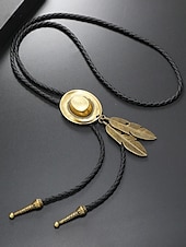 abordables Cravates et nœuds papillon pour hommes-Collier en cuir avec pendentif en forme de plume et chapeau de cowboy western pour homme, idéal pour un rodéo, une soirée champêtre ou une tenue en jean.