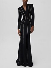 preiswerte SCHWARZ-Black Tie Galakleid Etuikleid/Säulenkleid Abendkleid Smokingkleid formelle Abendparty bodenlang Langarm V-Ausschnitt Polyester mit Kristallen 2025