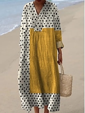 tanie Sukienki w paski i geometryczne-Damskie Sukienka maxi Sukienka letnia Sukienka A line Urlop Codzienny Boho Wyjściowe Plaża Graficzny Geometryczny Naszywka Długi rękaw W serek jesion Czarny Żółty Rumiany róż Lato Wiosna