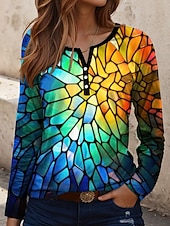 billige Kunst &amp; Design t-skjorte-Dame T skjorte Geometrisk Årgang Stilfull Fritid Langermet Crew-hals Vanlige topper Daglig Trykt mønster Gul Blå Oransje Grønn Vår Høst