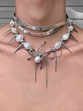 preiswerte Halloween-Zubehör-Halloween-Spinnenhalskette für Damen – Gothic-Punk-Design aus Legierung und Kunstperlen mit Stacheln und Ketten, auffälliger Modeschmuck für Partys, Cosplay und gruselige Abende