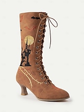 levne Pro ženy-Dámské gotické halloweenské vyšívané šněrovací boty - vintage styl černého kostýmu čarodějnice z roku 1900, podpatky do půli lýtek pro cosplay, večírky a tematické akce