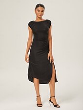 Weiblich Freizeitkleid Schwarz Kappenärmel Einfach Sommer Herbst Ganzjahresmode U-Boot-Ausschnitt Elegant Modern XS S M preiswerte Blumenkleider-Weiblich Freizeitkleid Schwarz Kappenärmel Einfach Sommer Herbst Ganzjahresmode U-Boot-Ausschnitt Elegant Modern XS S M