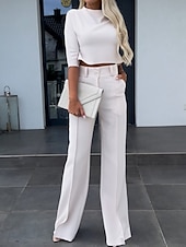 voordelige Blousepakken voor dames-Dames Streetwear Stijlvol Broeken Sets Lange mouw Coltrui Effen Kleur Lapwerk Dagelijks Werk Kleding Zwart Wit Khaki Zomer Normale pasvorm