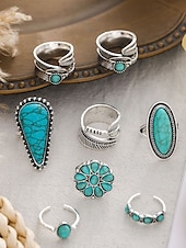 economico Anelli da donna-set di anelli turchesi bohémien da donna: anelli impilabili placcati in argento vintage con dettagli in pietra blu per feste, festival e uso quotidiano