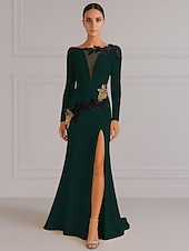 preiswerte SCHWARZ-Schwarzes und goldenes A-Linien-Abendkleid, elegantes Kleid, formelles Smokingkleid, Hochzeitskleid, Schleppe, Langarm, V-Ausschnitt, Stretch-Krepp mit Paillettenstickerei 2025