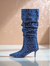 abordables Fête de la Vie Nocturne-Bottes mi-mollet souples à strass bleus pour femmes - Bottes de soirée à bout pointu et talon chaton pour la vie nocturne et les tenues de soirée