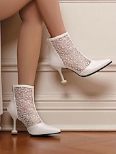 preiswerte Stiefeletten-Beige Damenstiefeletten mit Absatz aus Spitze und Kunstleder – elegante Brautstiefel mit spitzer Spitze und floraler Spitze für Hochzeiten, formelle Veranstaltungen und besondere Anlässe
