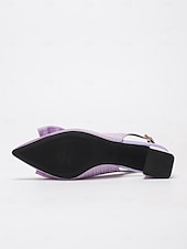 cheap Block Heels-Women&#039;s Lavender Slingback Heels with Pearl Bow - Satin Textured 1950s Vintage Style Low Block Pumps for Weddings, Garden Parties, and Spring Outfits