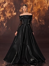 ieftine negru-Rochie neagră de seară, linie A, elegantă, rochie formală de mireasă, lungime la podea, fără mâneci, umerii goi, satin elastic cu pliuri, dantelă și mărgele, 2025