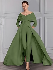 preiswerte Overalls für Mütter-Jumpsuit Brautmutter Formale Hochzeitsgast Elegantes Festkleid U-Boot-Ausschnitt Off Shoulder Knöchellang Stretchstoff 3/4-Länge Ärmel mit Gürtel  Band