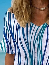 abordables T-shirt rayé et géométrique-Femmes Chemise Graphique Géométrique Rayé Élégant Classique Occasionnel Manche Courte Col en V Hauts Réguliers Quotidien Tenue de plage Vêtements de vacances Imprimé Bleu Gris Été Printemps