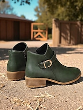 abordables Botines-Botines marrones de piel sintética para mujer: botines de tacón bajo con hebilla y cremallera lateral para salidas de otoño, paseos por el campo y uso diario.