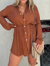 economico Top Semplici da Donna-Per donna Camicia Blusa Semplice Moderno Casual Manica Lunga Colletto a Camicia Top Regolari Quotidiano Uscire Arricciato Bottoni Verde primavera Nero Verde chiaro Vino Marrone Autunno