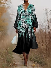 cheap Art&amp;Design Dress-Women&#039;s Midi Dress Casual Dress Chiffon Swing Dress Modern Vacation Daily Weekend Regular Fit Leopard Long Sleeve V Neck Pink Blue Purple Green Summer Spring Fall Autumn