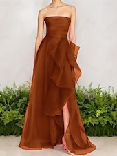 ieftine Rochii lungi și rochii de seară-Rochie de Seară A-Line Stil Celebritate Rochie Elegantă Invitată de Nuntă Lungime Pe Jos Fără Mâneci Un Umăr Organza cu Fustițe Răsucite Fanta