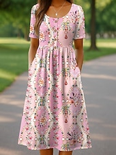 economico Abito Boho-Per donna Abito Midi Vestito Casual Vestito Estivo Abito a trapezio Abito Estivo Vacanza Casual Spiaggia Ferie Vestibilità comoda Floreale Grafico Manica Corta Girocollo Rosa Blu Viola Verde Estate