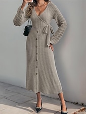 abordables Robes en tricot-Femmes Robe Midi Robe Tricot Robe Décontractée Mode Moderne Quotidien Date Week-end Coupe régulière Uni manche longue Col en V Kaki Automne Hiver