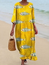 abordables Art &amp; Design Robe-Femmes Robe Midi Robe Décontractée Robe Imprimée Mode Moderne Quotidien Plage Week-end Coupe régulière Poisson Manche 3/4 Col ras du cou Jaune Rouge Bleu Été Printemps Automne