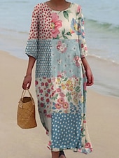 voordelige Boho Jurk-Dames Halflange jurk Casual jurk Jurk met print Modieus Modern Dagelijks Strand Weekend Normale pasvorm Bloemig Kleurenblok 3/4 mouw Strakke ronde hals Geel blauw Fuchsia Groen Zomer Lente Herfst