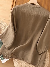 お買い得  シャツ-女性用 コットンリネンシャツ 純色 ベーシック カジュアル 七分袖 クルーネック レギュラートップス 日常 ポケット ボタン ホワイト ワイン グリーン カーキ色 夏 春 秋