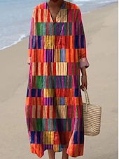 preiswerte Blumenkleider-Damen Maxikleid Sommerkleid A Linie Kleid Urlaub Lässig Boho Party Ausgehen Strand Blumen Grafik Geometrisch Langarm V Ausschnitt Rote Blau Regenbogen Sommer Frühling Herbst