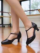 abordables Zapatos de baile latino-Zapatos de baile negros con tira en T para mujer: cómodos tacones de salón latino con punta cerrada y hebilla ajustable, zapatos de rendimiento profesional para salsa, tango y sesiones de práctica.