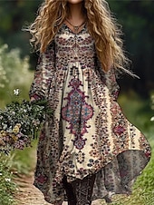 economico Abiti Boho-Per donna Abito maxi Abito a trapezio Vacanza Casual Boho Uscire Spiaggia Vestibilità comoda Floreale Grafico Paisley Manica Lunga Scollo a V Verde scuro Nero Vino Rosso Estate Primavera Autunno