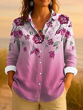 abordables Hauts d&#039;Art et de Design pour Femmes-Pâques Femmes Chemise A Ombre Fleuri Graphique Élégant ancien Tropical manche longue Col de chemise Hauts Réguliers Travail Quotidien Boutons Imprimé Rose Claire Bleu Violet Vert Été Printemps Automne