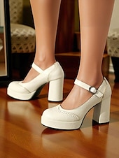 cheap 1950s-Women&#039;s Apricot Mary Jane Platform Pumps - 1950s Retro Chunky Heel Shoes with Brogue Detailing and Adjustable Strap for Office, Tea Parties, and Daily Wear