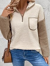 ieftine Hanorace pufoase-Pentru femei Hanorace Hanorace cu fermoar Bloc Culoare Șic Stradă Casual Sherpa Fleece Manșon Lung Gât Înalt Topuri obișnuite Stradă Concediu Ieșire Quarter Zip Kaki Iarnă