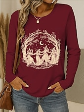 abordables Hauts d&amp;#39;Halloween-Halloween Femmes T-shirt Graphique Sorcière ancien Élégant Classique manche longue Col ras du cou Col rond Hauts Réguliers Quotidien Week-end Imprimé Noir Vin Bleu Violet Vert Printemps Automne