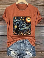 abordables Hauts d&amp;#39;Halloween-Halloween Femmes T-shirt Graphique Crâne Chat ancien Élégant Classique Manche Courte Col ras du cou Col rond Hauts Réguliers Quotidien Week-end Imprimé Noir Blanche Bleu Orange Gris Été Automne