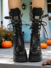 abordables Pour les femmes-Femmes Bottes Bottes à plateforme Soirée Bottes Mi-Mollet Rivet Boucle Broderie Plateau Bout Rond Punk Gothique Marche PU Fermeture éclair Noir