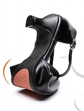 abordables Zapatos de baile latino-Zapatos de baile negros con tira en T para mujer: cómodos tacones de salón latino con punta cerrada y hebilla ajustable, zapatos de rendimiento profesional para salsa, tango y sesiones de práctica.