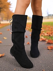 olcso Slouch Boots-női fekete művelúr térdig érő csizma állítható fűzővel – stílusos és kényelmes lábbeli mindennapi és hétköznapi viseletre