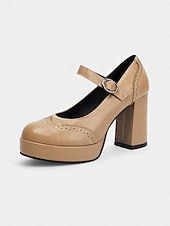 cheap 1950s-Women&#039;s Apricot Mary Jane Platform Pumps - 1950s Retro Chunky Heel Shoes with Brogue Detailing and Adjustable Strap for Office, Tea Parties, and Daily Wear